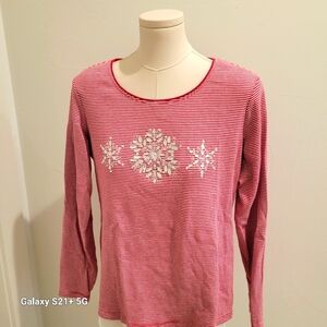 Christmas top red with white stripes, embellished with 3 crystal snowflakes